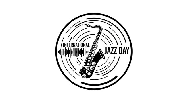 International Jazz Day celebration logo with saxophone and sound waves.