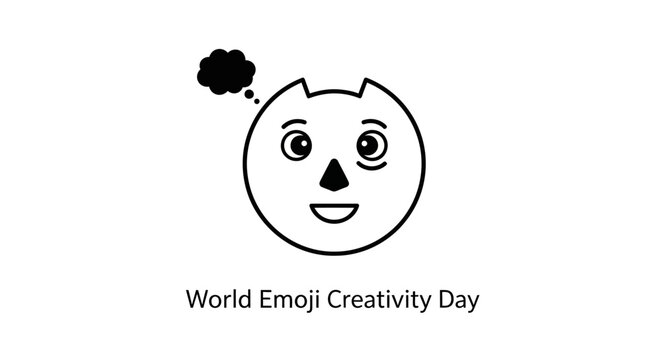 Simple black and white emoji face with thought bubble celebrating World Emoji Creativity Day.