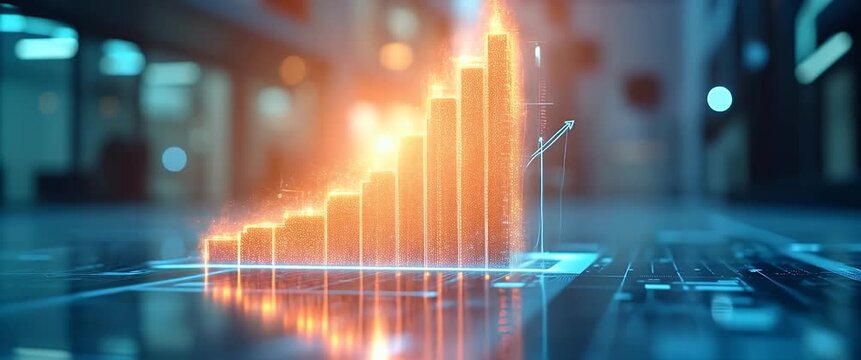 Cinematic, glowing data charts rise dynamically on a digital interface as the camera smoothly pans, capturing financial growth insights with ambient tech motions for a modern business analysis.