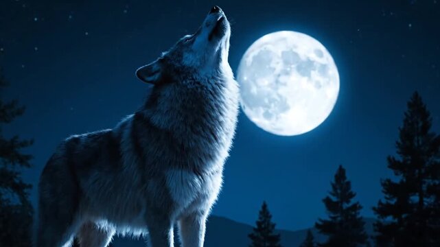 A wolf howls at the full moon in a dark forest at night video scene