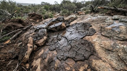 Glistening Residue of Dried Mud Clinging to Cracked Rocks in an Arid Landscape