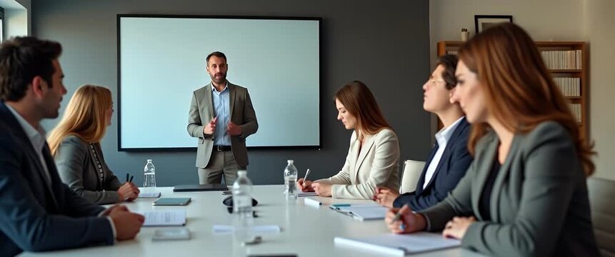 Business leader presents to attentive team in a modern conference room; camera slowly pans across engaged faces, capturing dynamic gestures and ambient light shifts in a cinematic style.