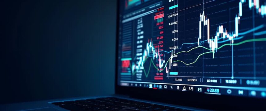 Dynamic stock market data streams across a digital screen, numbers flickering with analytic precision; the camera gently pans to reveal fluctuating graphs in a futuristic, cinematic style.