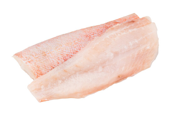 Fresh snapper fish fillet with skin isolated on white. Raw seafood product ready for cooking.