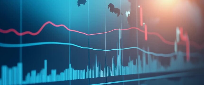 Dynamic financial chart analysis with fluctuating stock market graphs, as the camera smoothly pans across the screen, capturing the ambient glow of data in a cinematic, high-tech style.