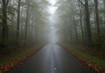 Fototapeta premium Serene woodland scene featuring an empty, wet asphalt path stretching toward a vanishing point shrouded in thick morning fog, atmosphere, journey, fog