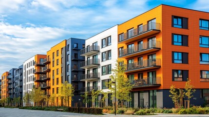 Modern residential buildings in vibrant colors under a partly cloudy sky with lush green trees