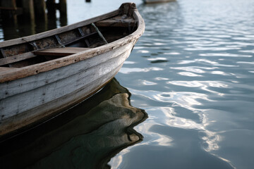 Obraz premium A weathered wooden boat sits peacefully on still water, beautifully reflecting both the boat and the sky, portraying a nostalgic charm of marine life and simplicity.