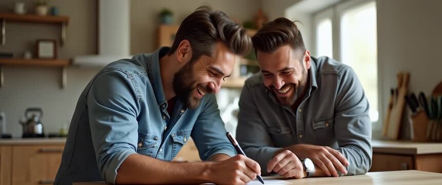 Two men share a joyful moment in a bright kitchen, writing together at a wooden table; the camera gently pans, capturing their laughter in a warm, cinematic style.