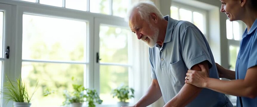 Elderly man assisted by caregiver walking with support, as the camera gently pans in a warmly lit living room; sunlight filters through windows, creating a comforting, cinematic atmosphere.