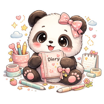 cute panda with pink diary, chibi panda with pink notebook, kawaii panda writing diary illustration, adorable panda journaling character, pastel panda diary aesthetic, cute panda with journal art, kaw