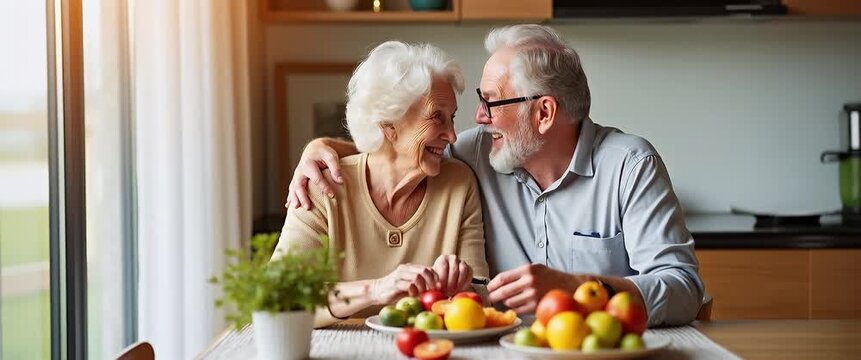 Elderly couple enjoys fresh fruit at a sunlit kitchen table, sharing smiles and laughter; camera slowly pans, capturing a warm, cinematic ambiance as curtains gently sway in the breeze.