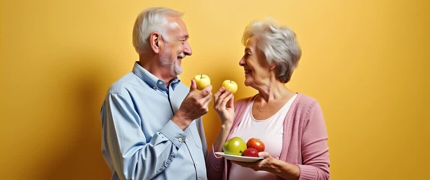 Elderly couple enjoys fresh fruit at a sunlit kitchen table, sharing smiles and laughter; camera slowly pans, capturing a warm, cinematic ambiance as curtains gently sway in the breeze.