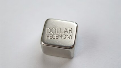 Dollar Hegemony Metal Block with Engraved Text on a White Background