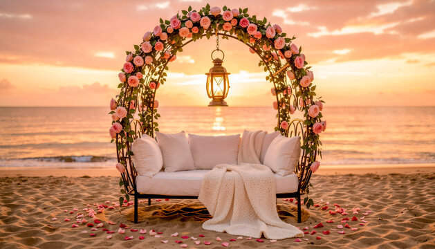 Divano romantico con arco di rose e lanterna sulla spiaggia al tramonto