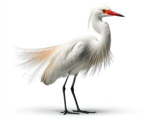 Obraz premium Elegant white heron with wispy feathers, red beak, isolated on white