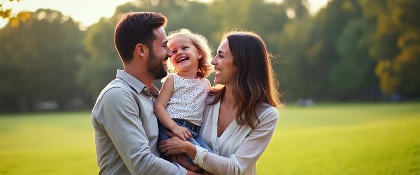 Happy family enjoys a sunny day in the park, with gentle breeze swaying leaves; camera slow pans across the scene, capturing joyful expressions in a cinematic, warm ambiance.
