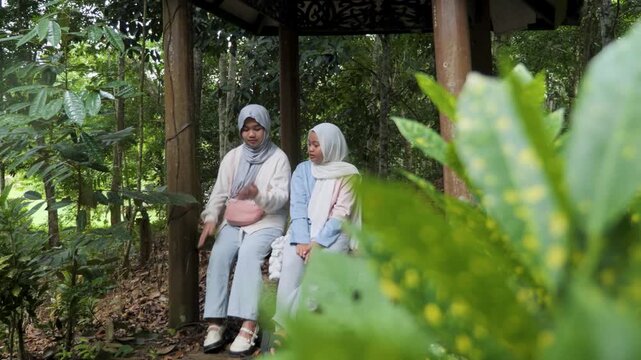 Two young Asian Muslim girls sitting and resting in a wooden gazebo, chatting and enjoying nature together under the morning sun in a forest park