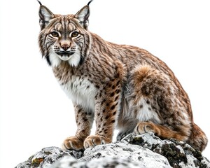 Obraz premium Eurasian lynx sits on a rock, facing viewer. White background, well-lit detail