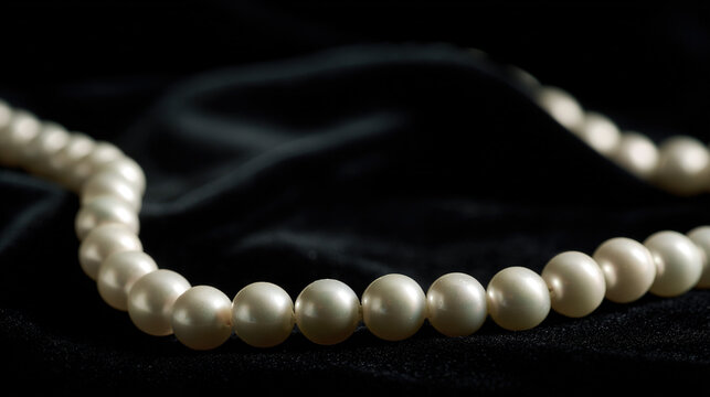 luster. A single strand of pearls arranged in curves on black velvet with soft lighting. lifestyle magazines, social media lookbooks, designed for lifestyle magazines and social media content.
