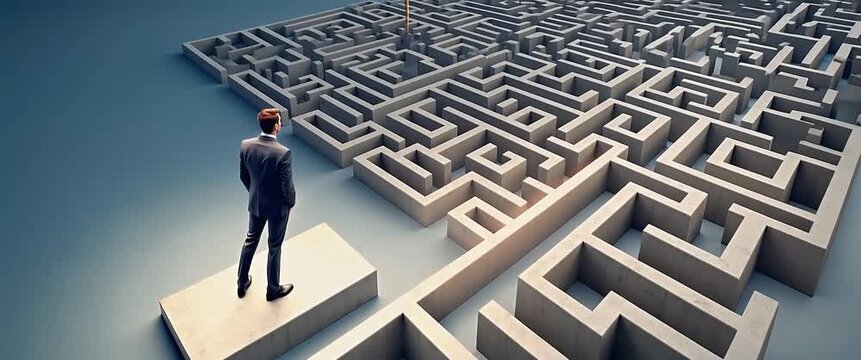 Businessman contemplating a vast, intricate maze, with a slow cinematic pan over the labyrinth's complex pathways, symbolizing strategic decision-making and problem-solving in a realistic style.