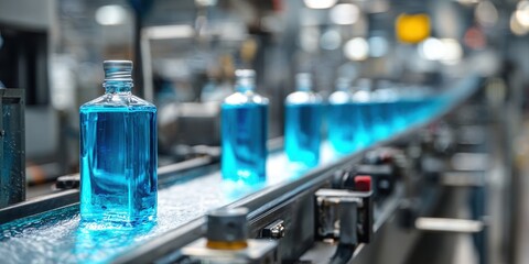 Blue liquid glass bottles moving on a conveyor belt in a modern industrial bottling plant factory