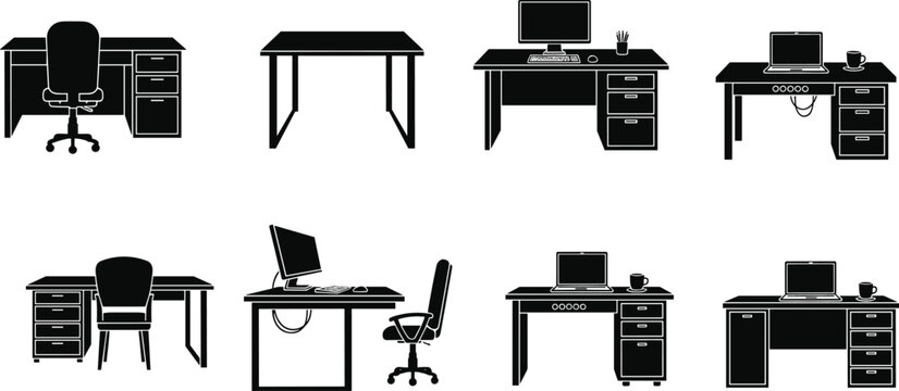 Collection of modern office desk silhouettes featuring computer workstations laptop setups minimalist study tables ergonomic chairs and professional furniture design.