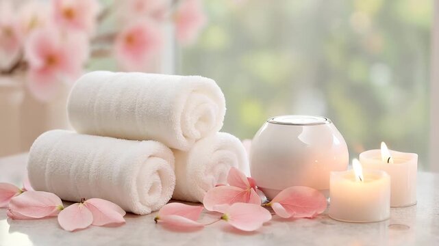 Stack of clean white towels with ceramic aroma candle on soft blurred spa background with flowers and gentle light. Concept of relaxation wellness and self care