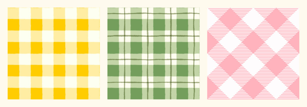 Vector set with cute gingham check patterns in pastel yellow, green and pink colors, plaid backgrounds for spring, summer and Easter designs