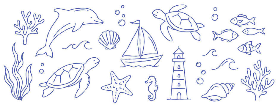 Marine ocean sea nautical vector illustration outline line set collection elements doodle sketch drawing dolphin turtle boat lighthouse seahorse starfish