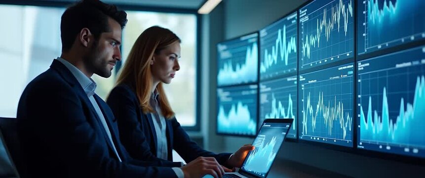 In a cinematic office setting, professionals analyze dynamic stock market data on multiple screens, with a slow pan capturing focused expressions and ambient lighting shifts.