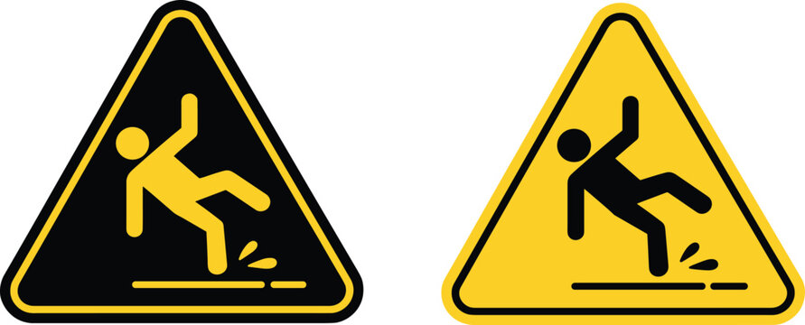 Set of caution wet floor sign vector illustration, slippery surface warning icons for industrial safety and prevention