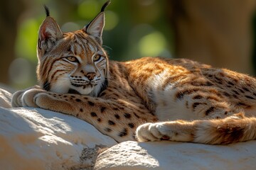 Fototapeta premium Lynx rests serenely on a rock, spotted fur and alert gaze