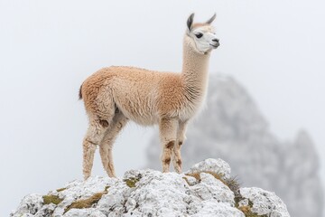 Fototapeta premium Llama stands on snowy rocks in overcast mountain range landscape, neutral colors