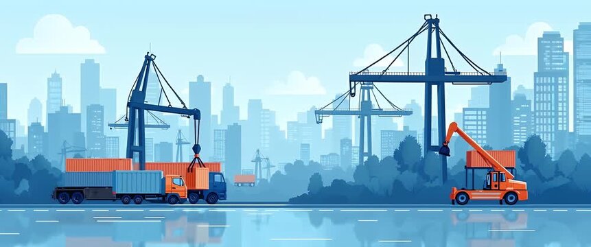 Cranes gracefully maneuver shipping containers onto trucks against a vibrant cityscape, captured in a steady tracking shot with gentle ambient motion, cinematic and industrial.