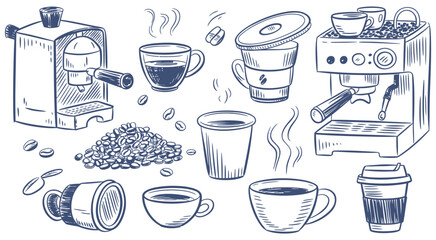 Obraz premium Hand drawn sketch collection of coffee making equipment, cups, and beans, perfect for a delightful morning beverage experience, illustrations ideal for cafe menus, packaging, and creative design proje