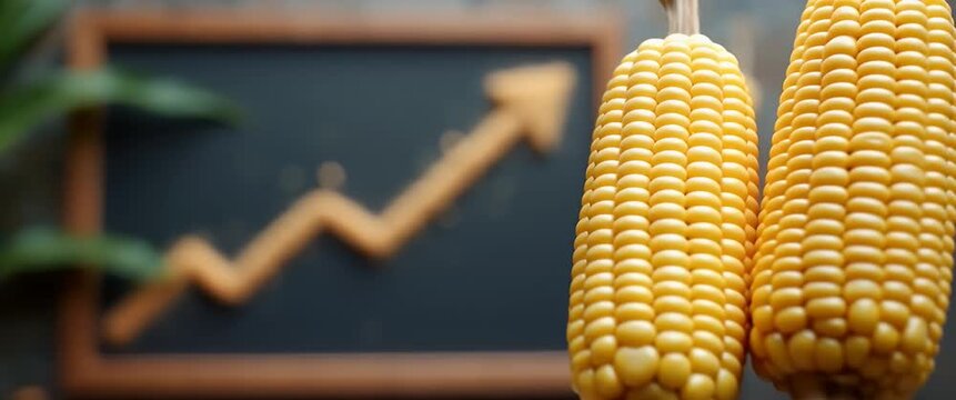 Corn Market Growth Concept: Cinematic focus shifts from a rustic chalkboard with an ascending arrow made of cornmeal to surrounding corn cobs, while soft ambient lighting enhances the scene.
