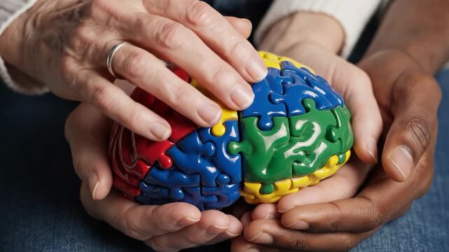 Interlocking hands holding colorful puzzle piece brain model symbolizing connection