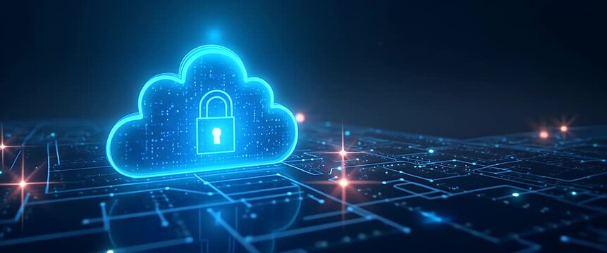 Futuristic digital cloud with lock icon gently pulses, surrounded by glowing circuit patterns; slow camera pan captures the cinematic essence of cybersecurity technology.