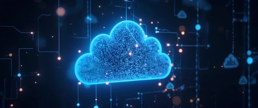 Glowing digital cloud icon gently pulsates amidst dynamic data streams, with the camera slowly panning across a futuristic, neon-lit network backdrop, creating a cinematic tech ambiance.