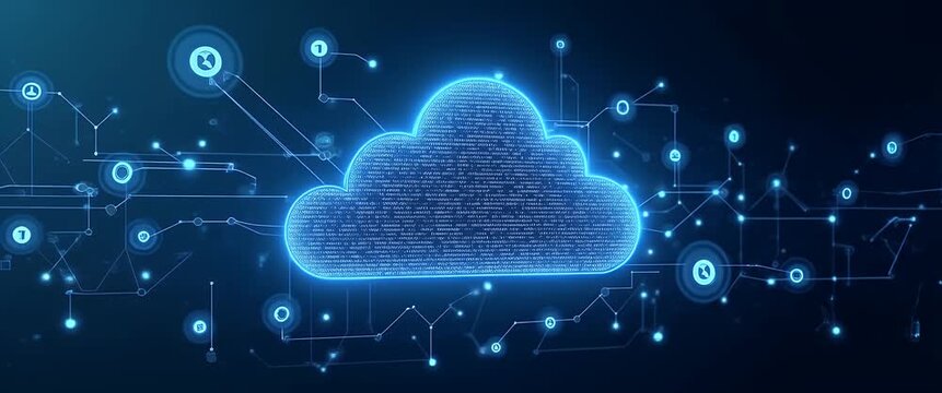 A glowing digital cloud icon pulses gently as the camera pans slowly across a futuristic network interface, showcasing a cinematic view of cloud computing and data connectivity.