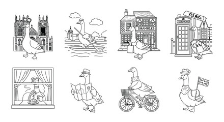 A collection of whimsical line drawings featuring geese and british landmarks © Nayem