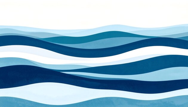 An abstract illustration, wavy layers of blue hues cascade across the image, suggestive of ocean waves with an airy white space above