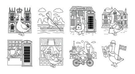 A collection of whimsical line drawings featuring geese and british landmarks © Nayem