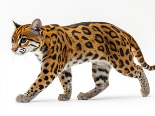 Fototapeta premium Ocelot strides, fur patterned with dark spots, against a bright white backdrop