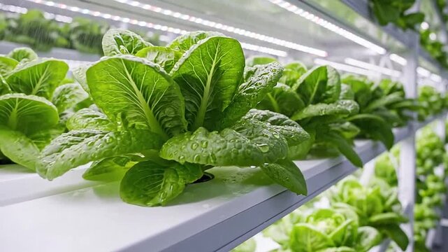 Rows of fresh green lettuce growing indoors under bright artificial lights on shelves
