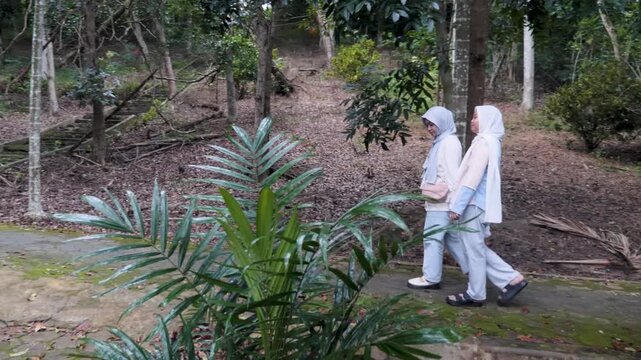 Two young Asian Muslim sisters walking through a lush forest park, chatting and enjoying nature together under the morning sun