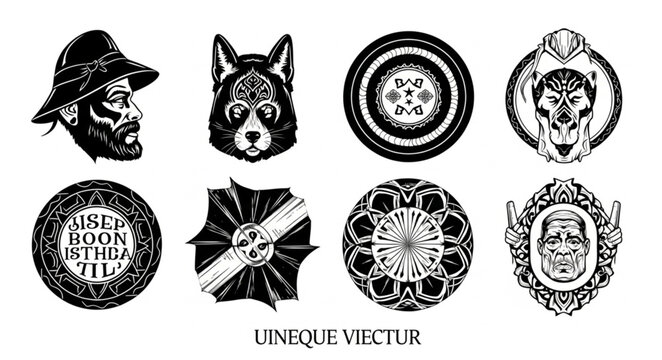 Intricate black and white illustrations of various gothic and medieval symbols.
