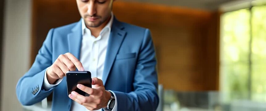 Business professional texting on smartphone in modern office corridor, with gentle ambient light flicker and slow pan camera motion, cinematic style for corporate communication.
