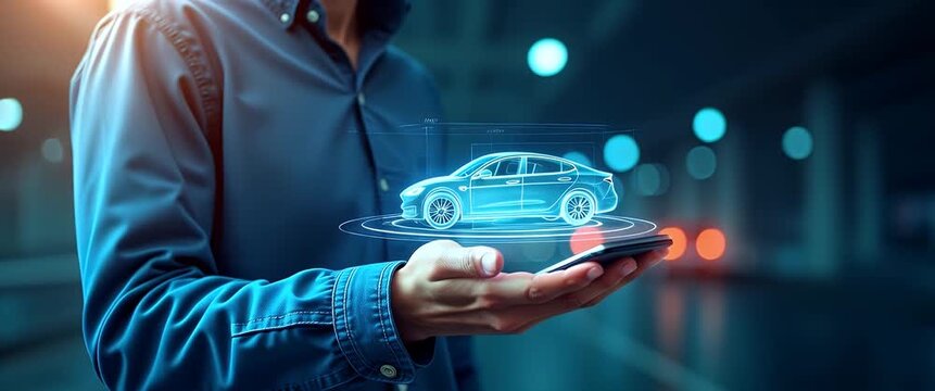 Futuristic technology concept with a man holding a holographic car model; camera slowly pans as ambient lights flicker, emphasizing innovation in a cinematic style.